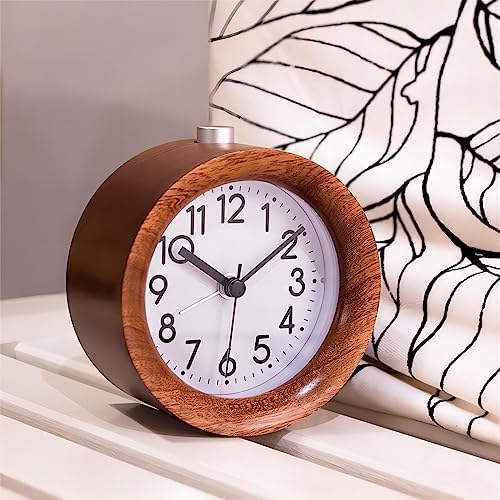 Lancoon Round Wooden Alarm Clock with Silent Quartz Movement and Soft Backlight