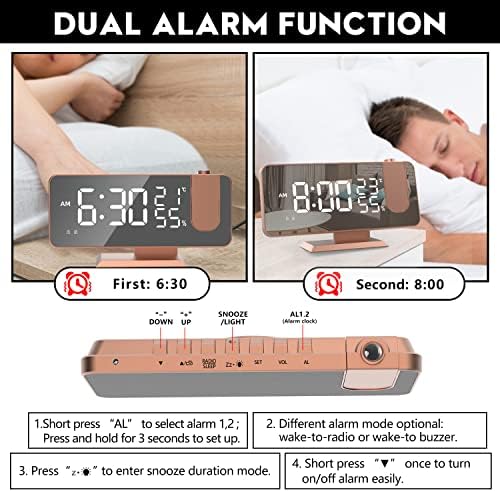 Hanaix 180 Degree Projection Alarm Clock with Mirror and USB Charging