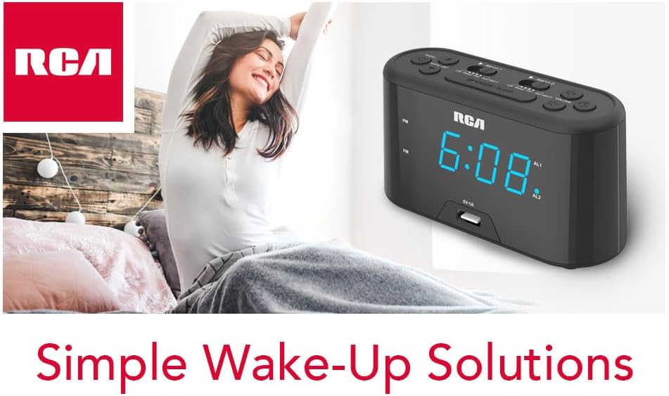 RCA RC571 Digital Alarm Clock Radio with USB Charging and FM Radio