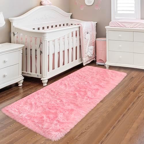 Pink Fluffy Shaggy Runner Rug for Bedroom and Hallway