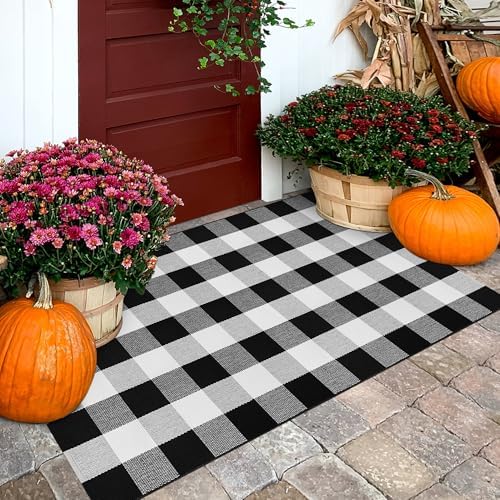Buffalo Plaid Area Rug 3x5 Black and White Checkered Entryway Mat