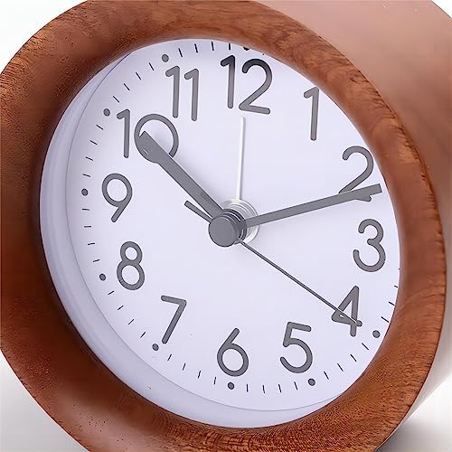 Lancoon Round Wooden Alarm Clock with Silent Quartz Movement and Soft Backlight