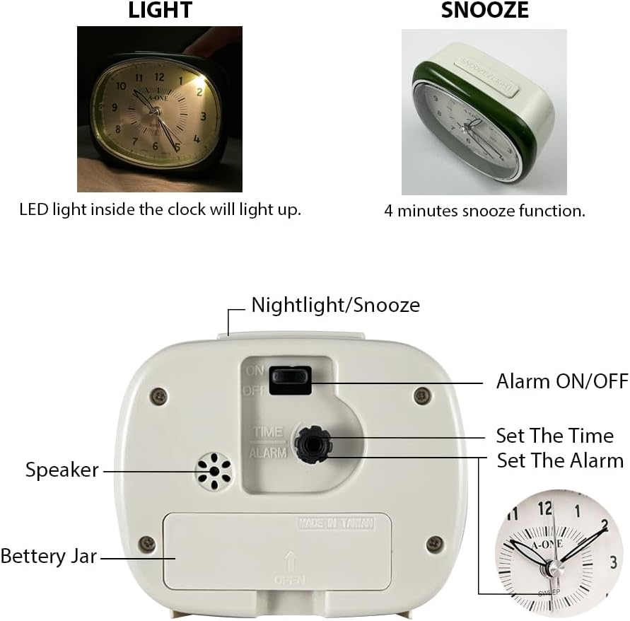 Square Round Silent Alarm Clock - Green
