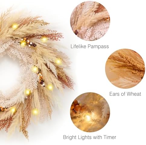 DecorbyHannah 24 Inch Pre-Lit Fall Door Wreath