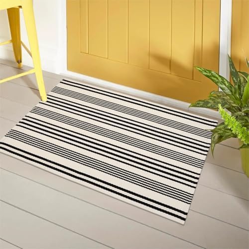 Black and White Striped Outdoor Rug 2x3 Cotton Reversible