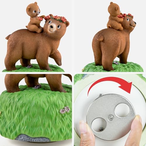 Bowu Music Box Forest Bear Green - Handcrafted Mom and Daughter Bear Figurine