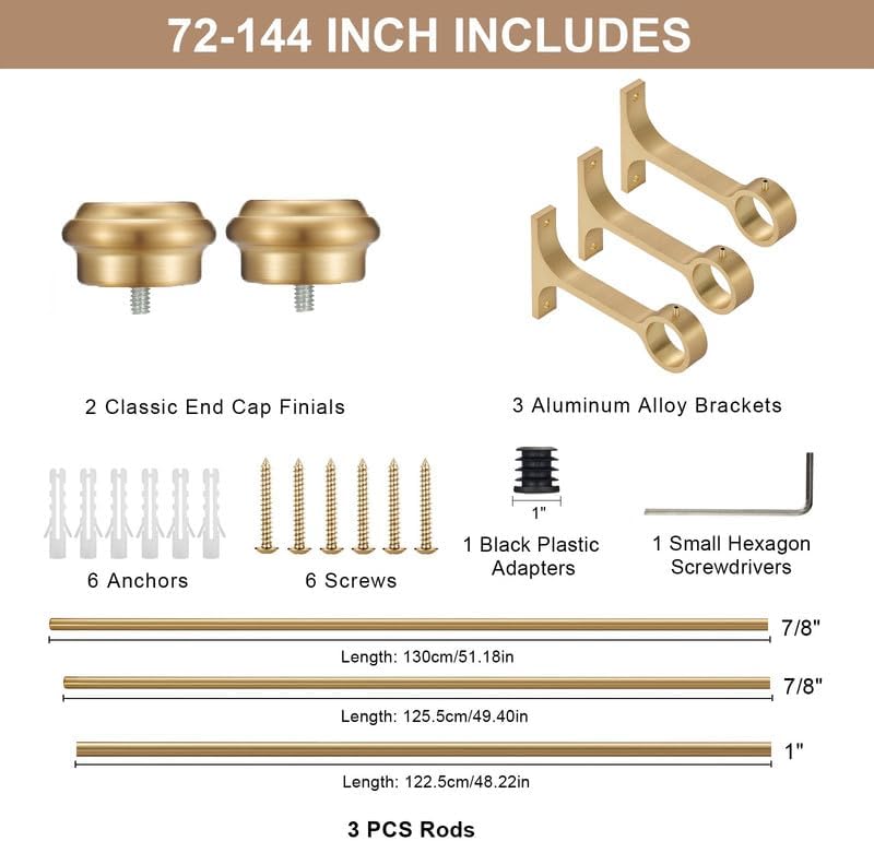 Warm Gold Curtain Rods with Aluminum End Cap Finials 72-144 Inch