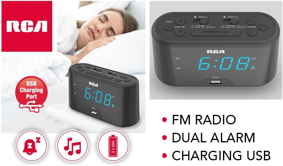 RCA RC571 Digital Alarm Clock Radio with USB Charging and FM Radio
