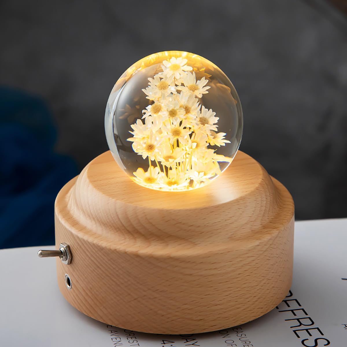 1 Piece 6cm Yellow Glass Little Daisy Ball Night Light Music Box