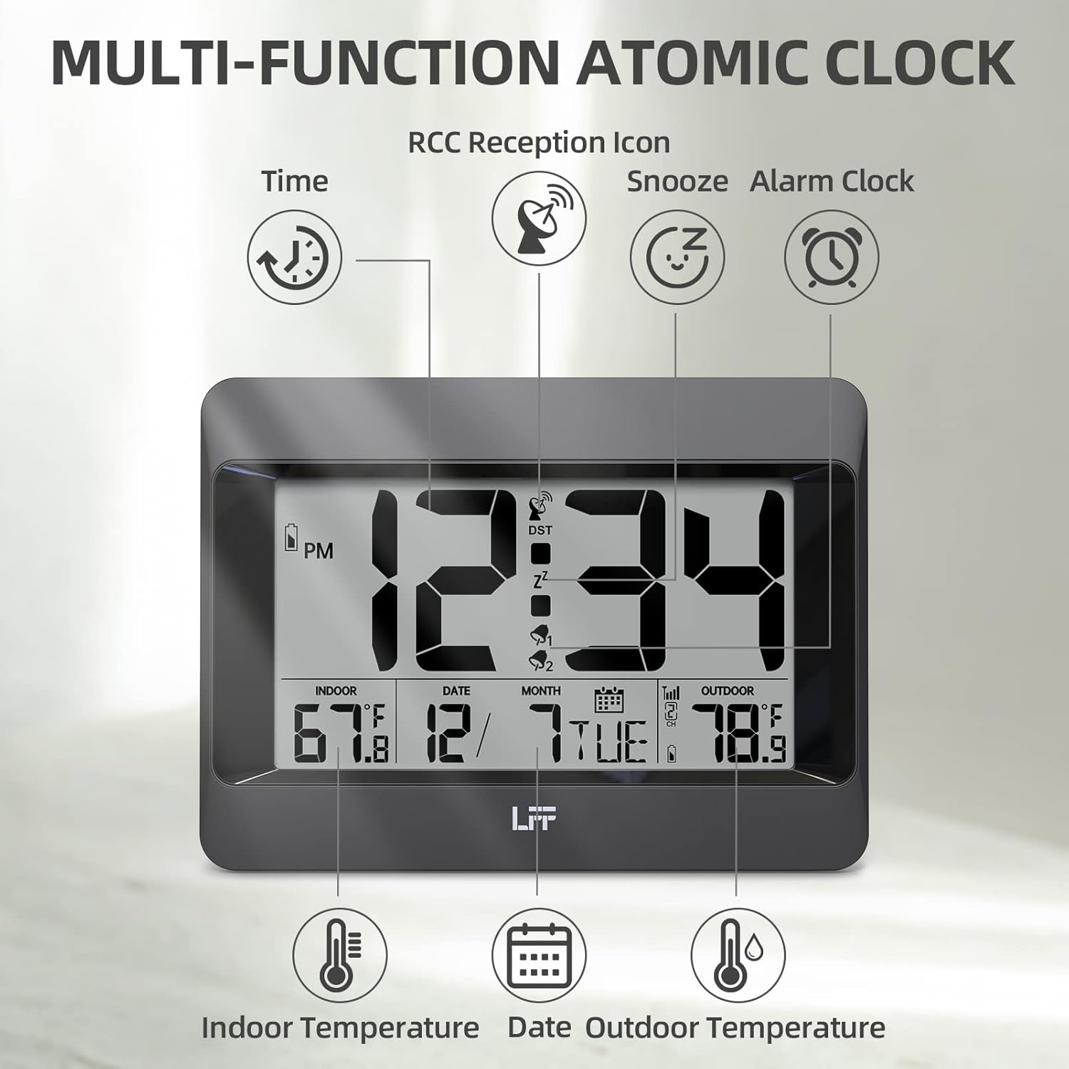 LFF Atomic Clock with Outdoor Sensor and Temperature Display