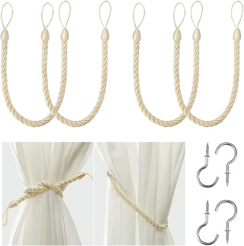 BEL AVENIR Curtain Rope Tiebacks 4 Metal Hooks 4 Pack