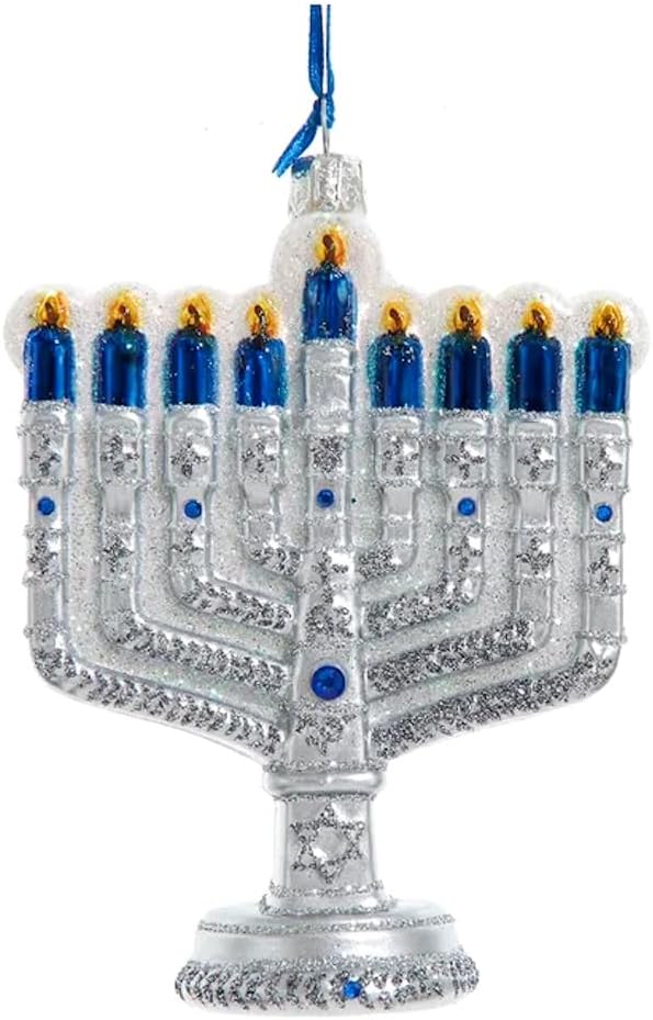 The Bridge Collection Hanukkah Menorah Ornament - 475 Inch Blue and Silver Glitter
