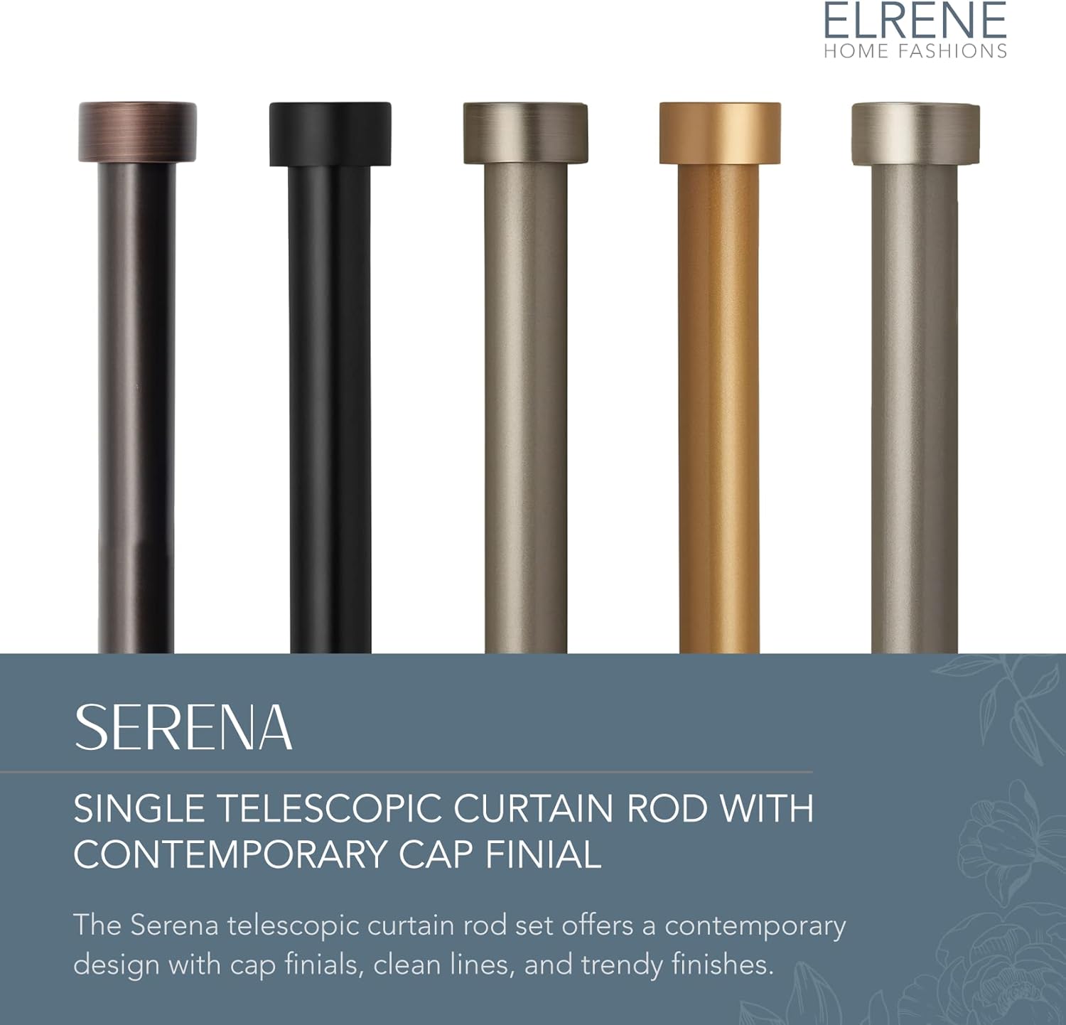 Elrene Serena Single Curtain Rod with Cap Finials and Adjustable Length - Antique Black
