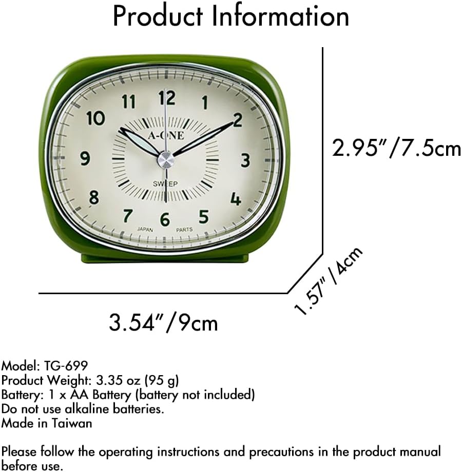 Square Round Silent Alarm Clock - Green