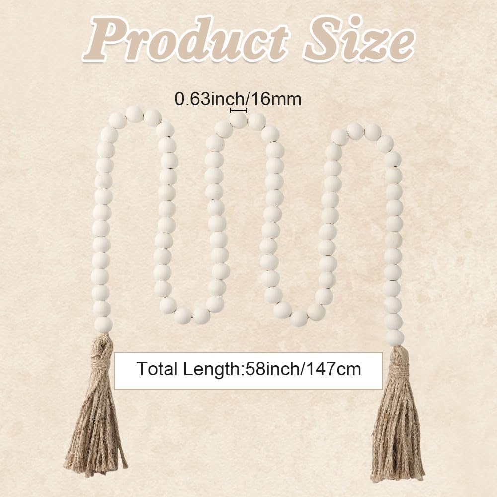 58 Inch Wooden Bead Garland with Tassel Boho Farmhouse Decor