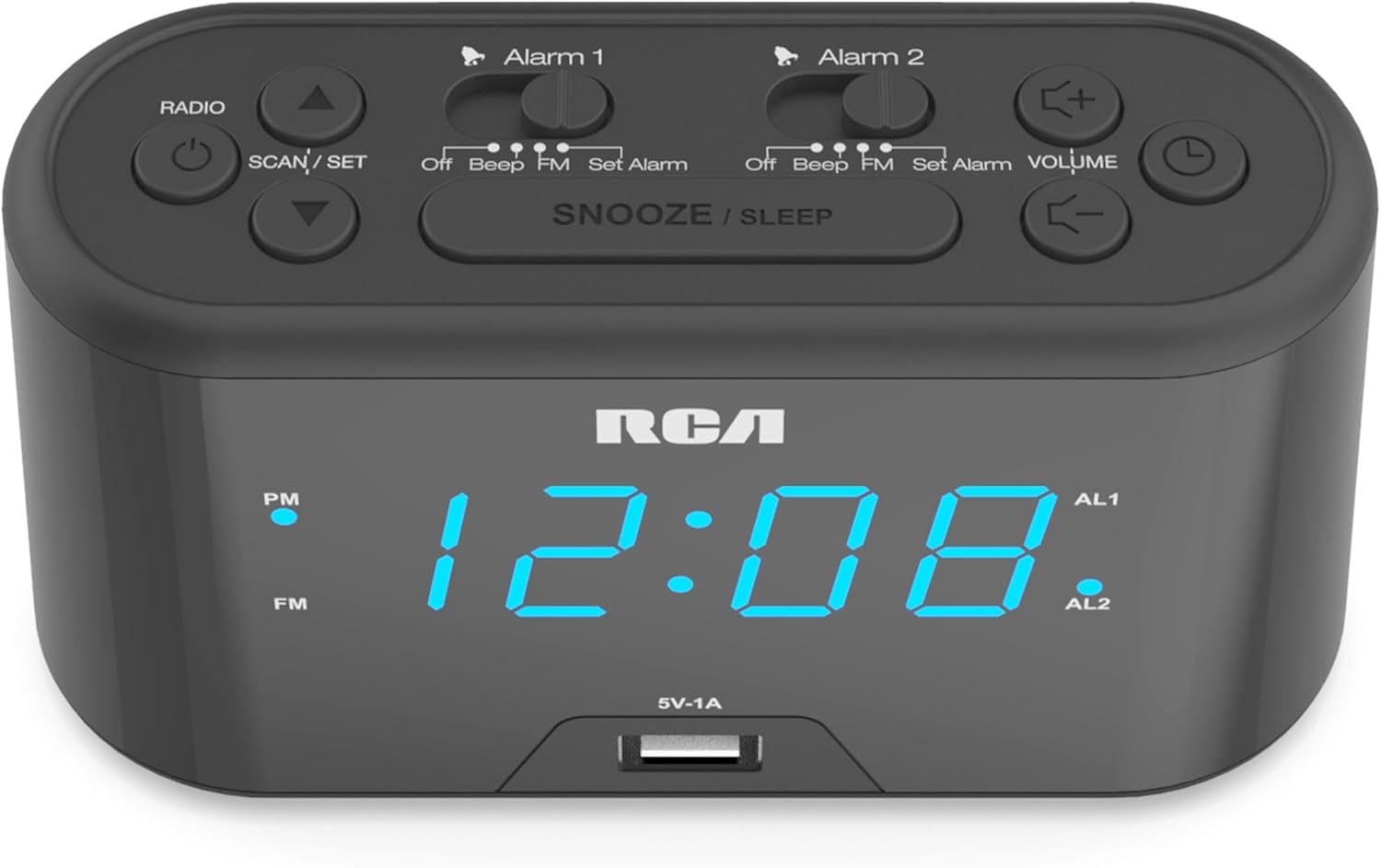 RCA RC571 Digital Alarm Clock Radio with USB Charging and FM Radio