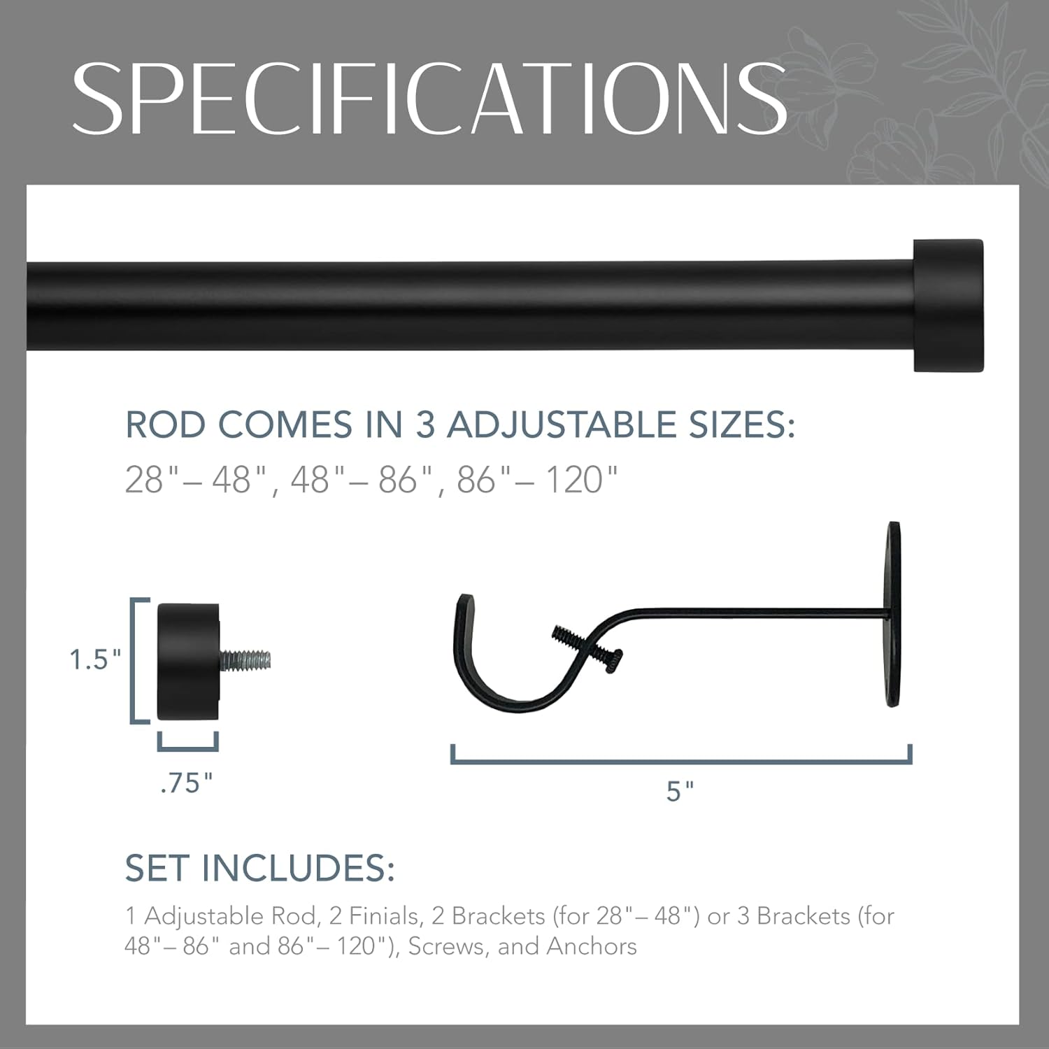 Elrene Serena Single Curtain Rod with Cap Finials and Adjustable Length - Antique Black
