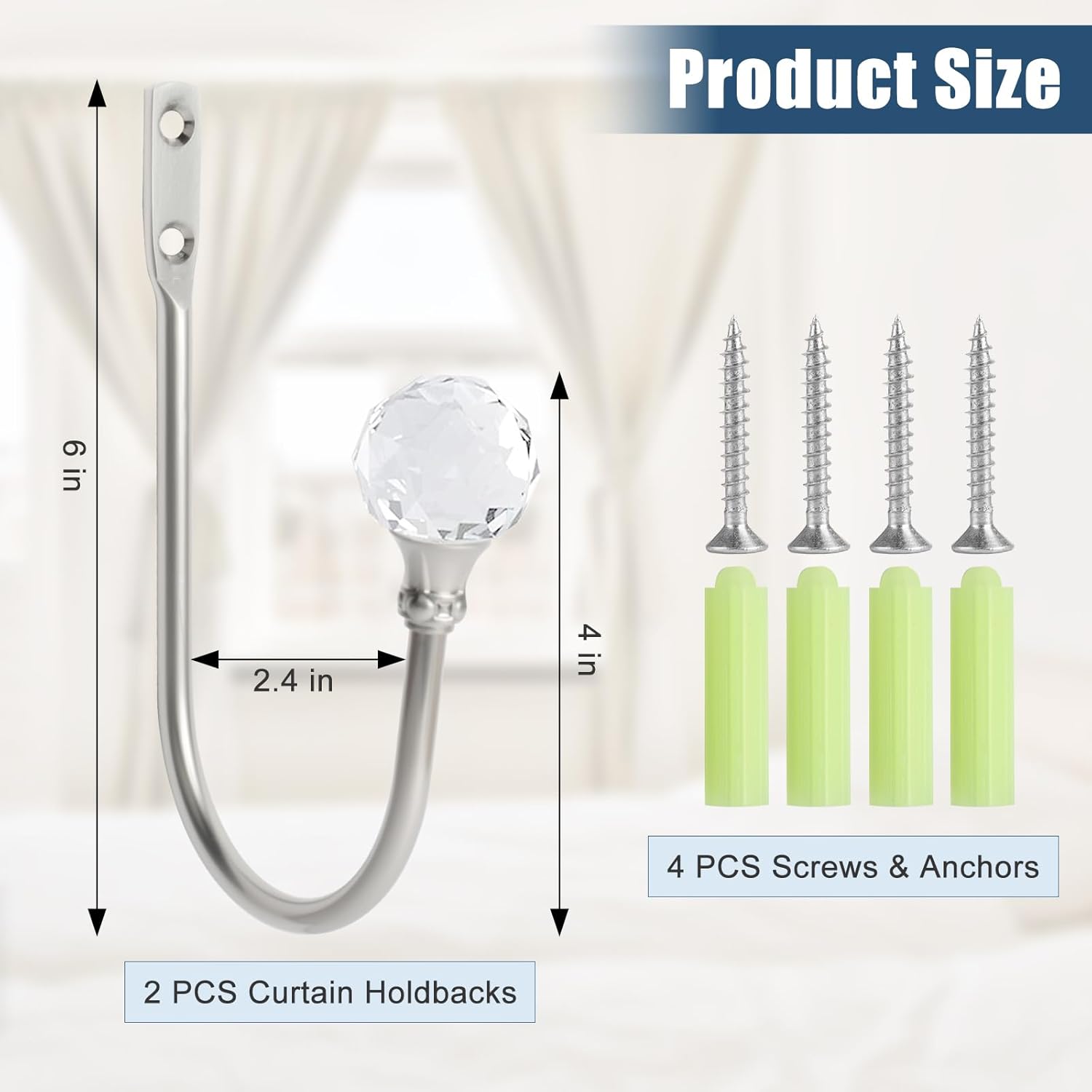 Silver Wall Mounted Curtain Holders with Crystal Ball