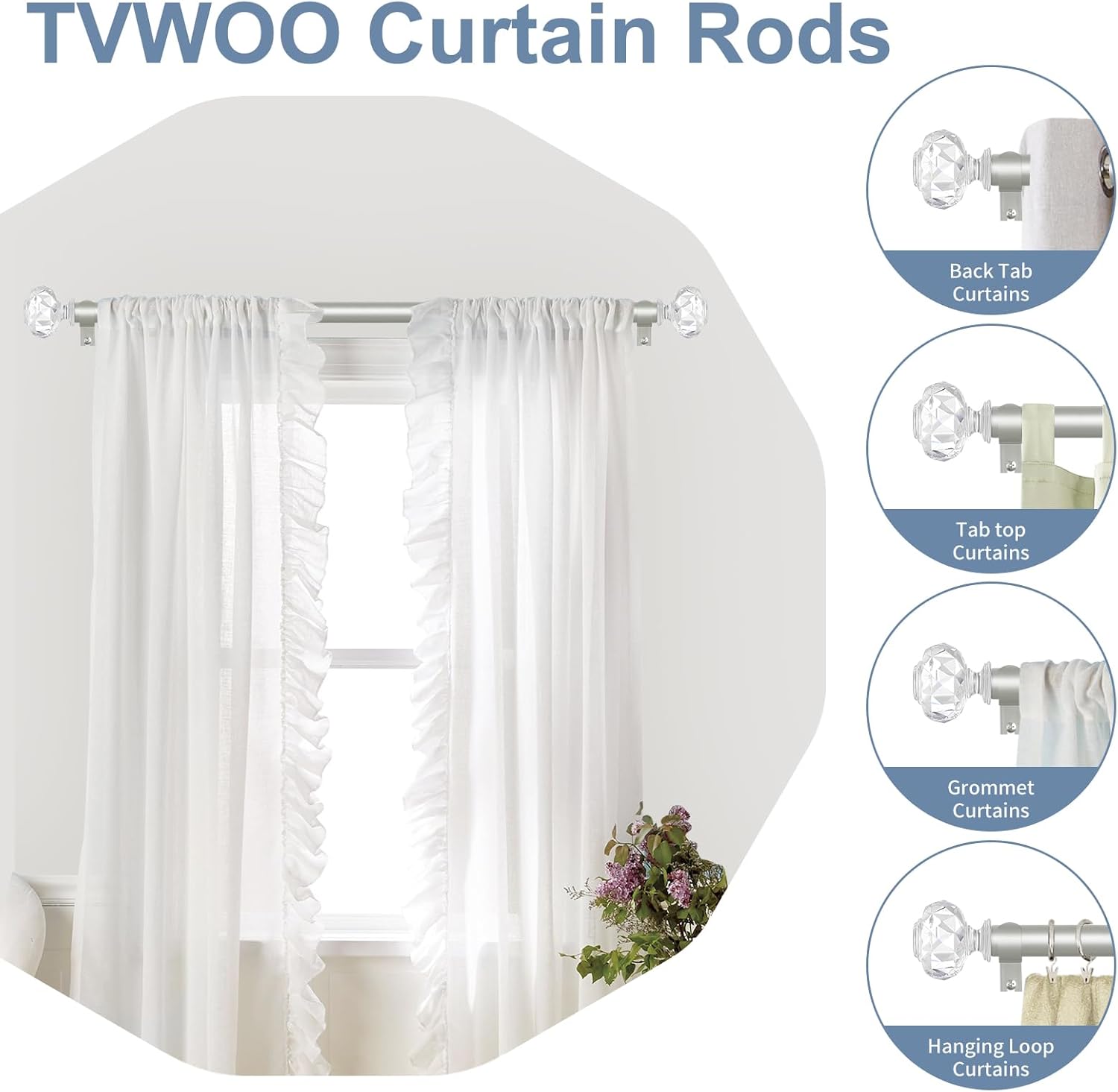 TVWOO Silver Crystal Curtain Rods 66-120 Inch Adjustable