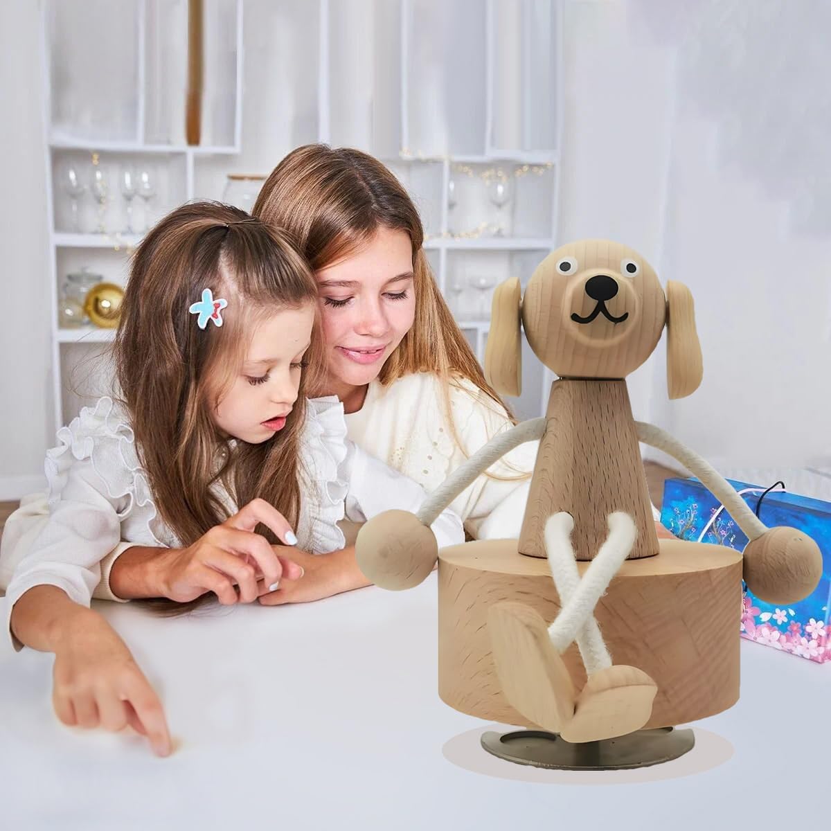 Hefonti Wooden Dog Music Box with Flexible Legs