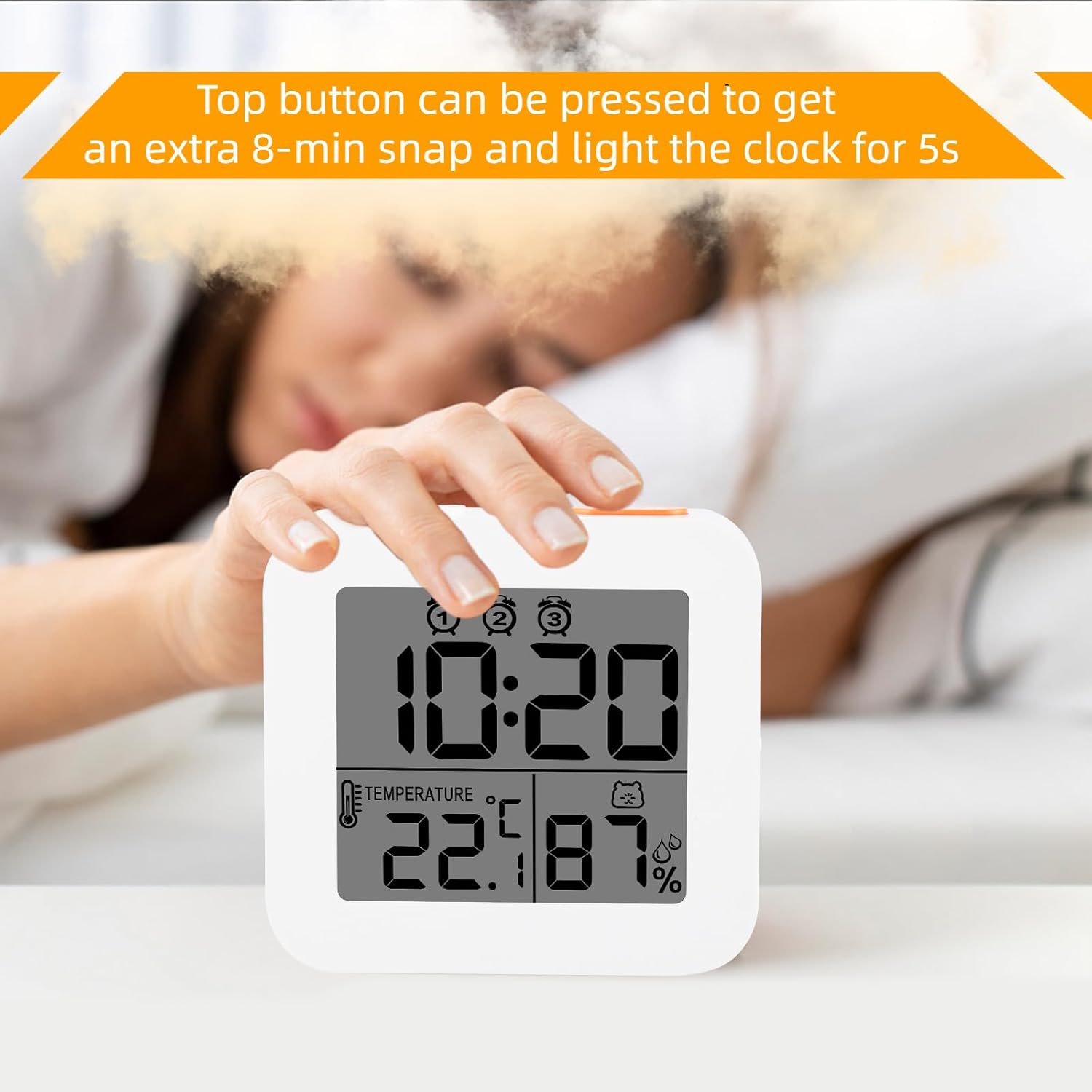 Digital Alarm Clock with 3 Bells and Temperature Display White