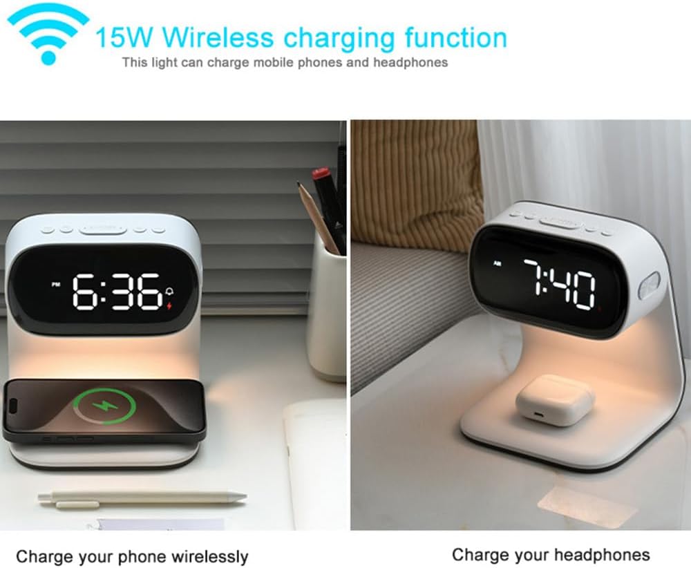 IHAO 3in1 Wireless Charging Alarm Clock Night Light