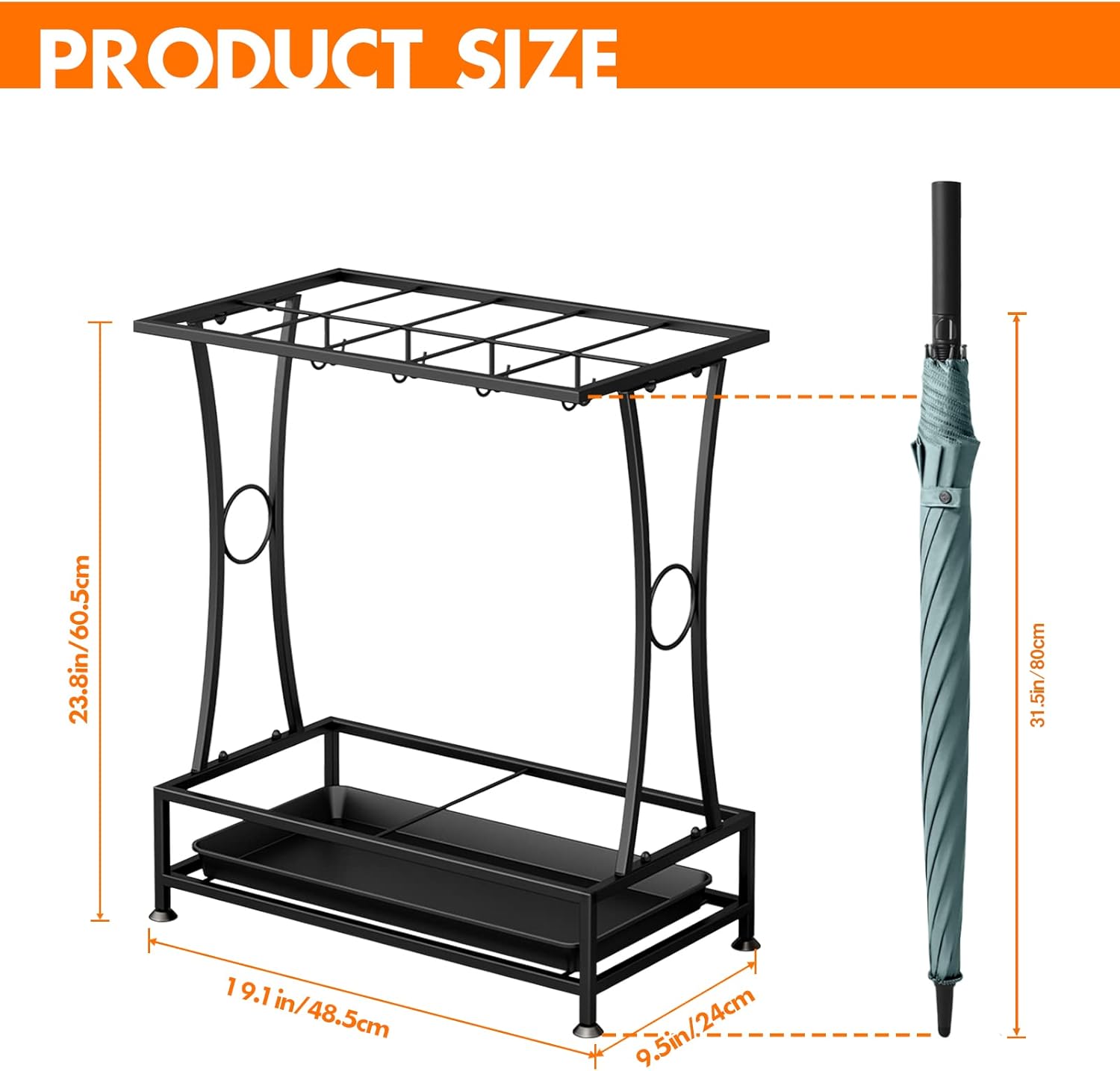Metal Umbrella Holder Stand with Drip Tray and 8 Hooks Black