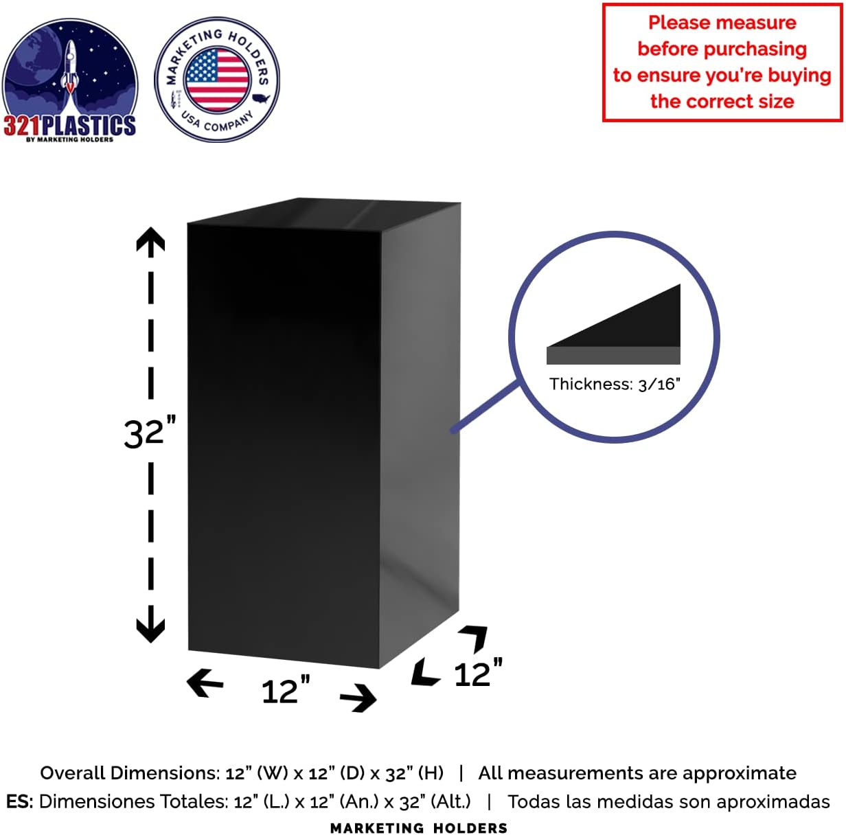 Glossy Black Acrylic Display Box 12x12x32 No Lid
