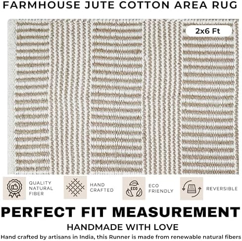 Bedding Craft Jute Cotton Stripe Area Rug Runner 24x72 Inch Natural Ivory