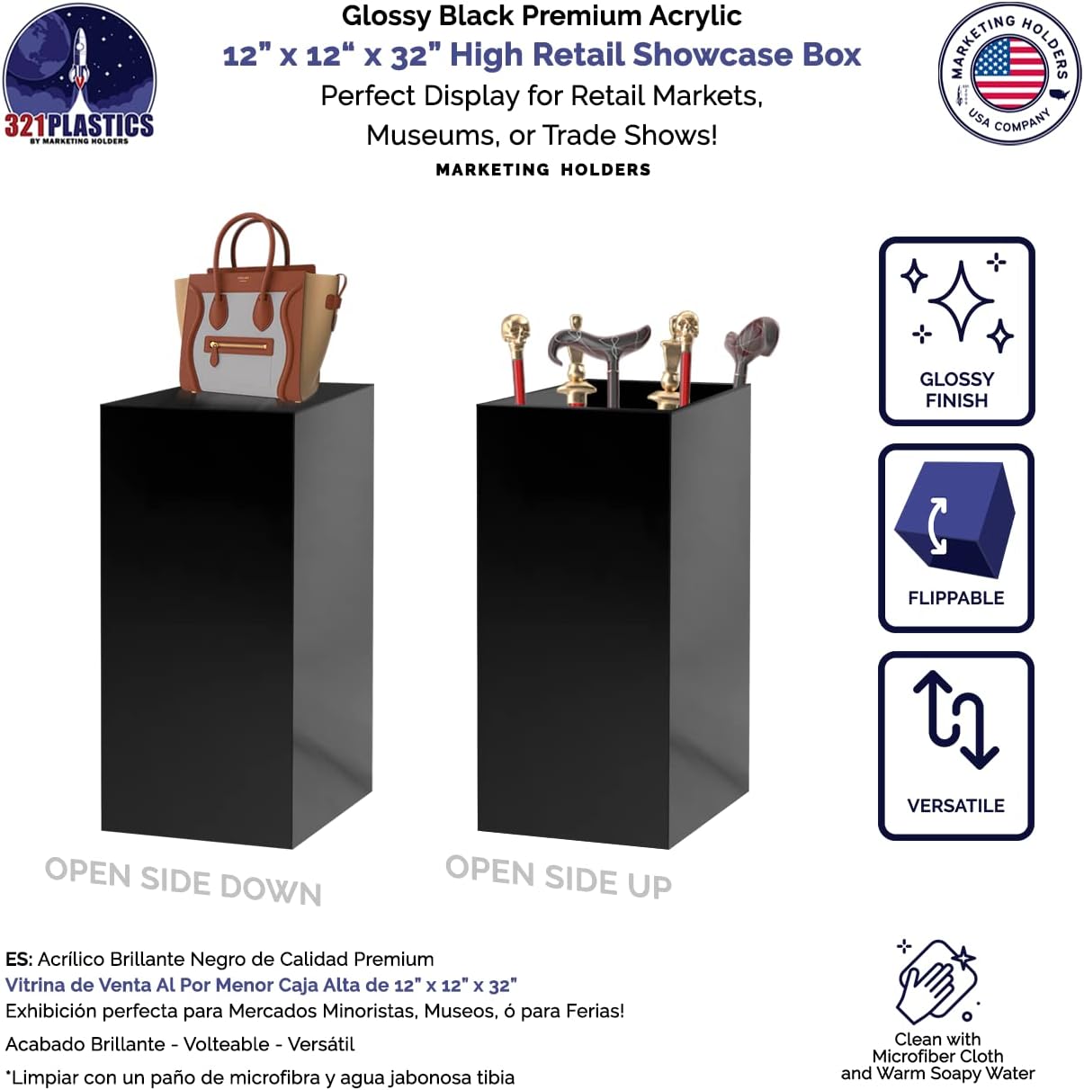 Glossy Black Acrylic Display Box 12x12x32 No Lid