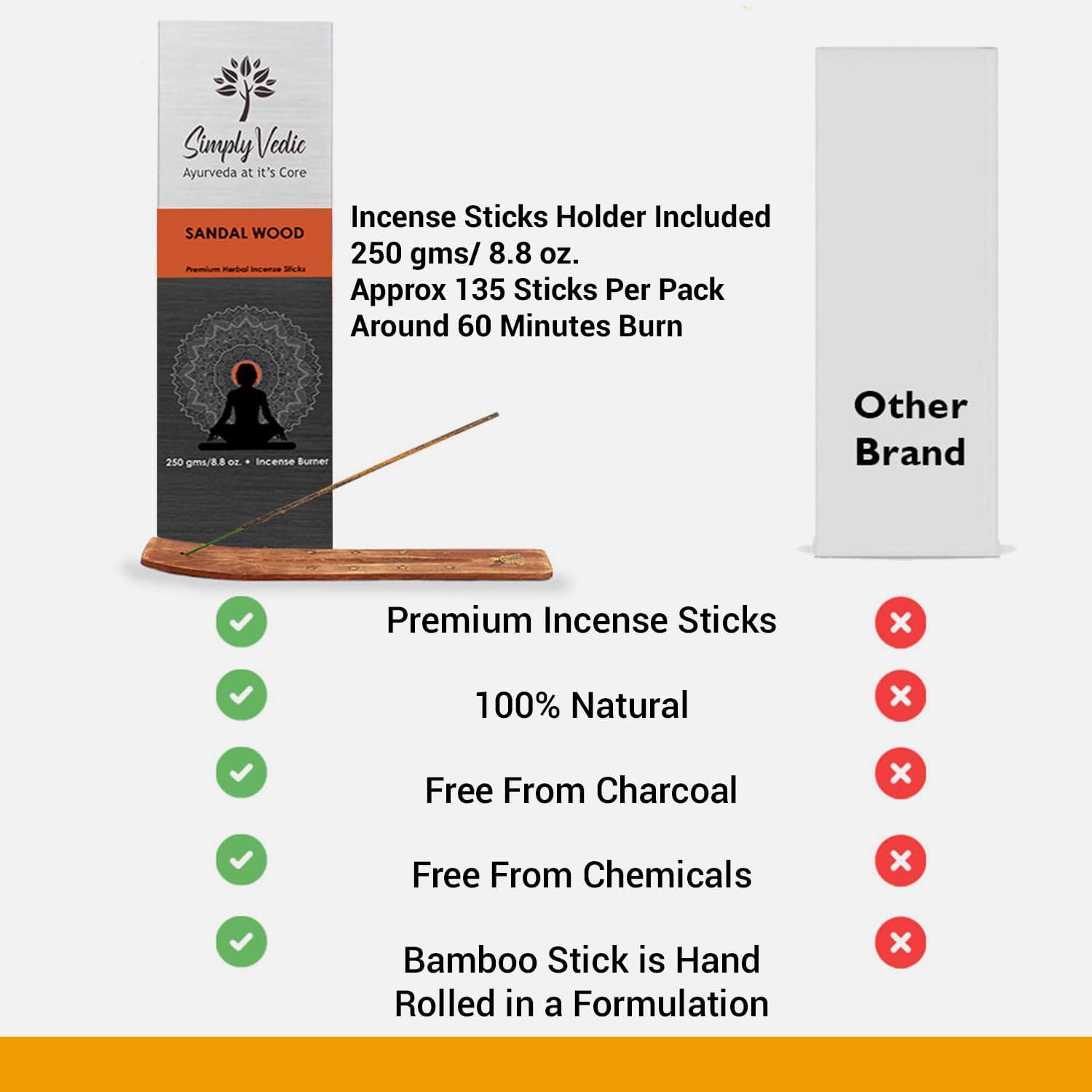 Sandalwood Incense Sticks 250g - 135 Handmade with Free Holder
