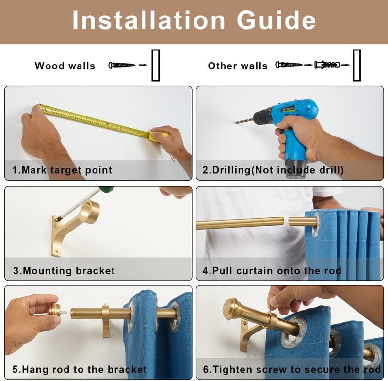 Warm Gold Curtain Rods with Aluminum End Cap Finials 72-144 Inch