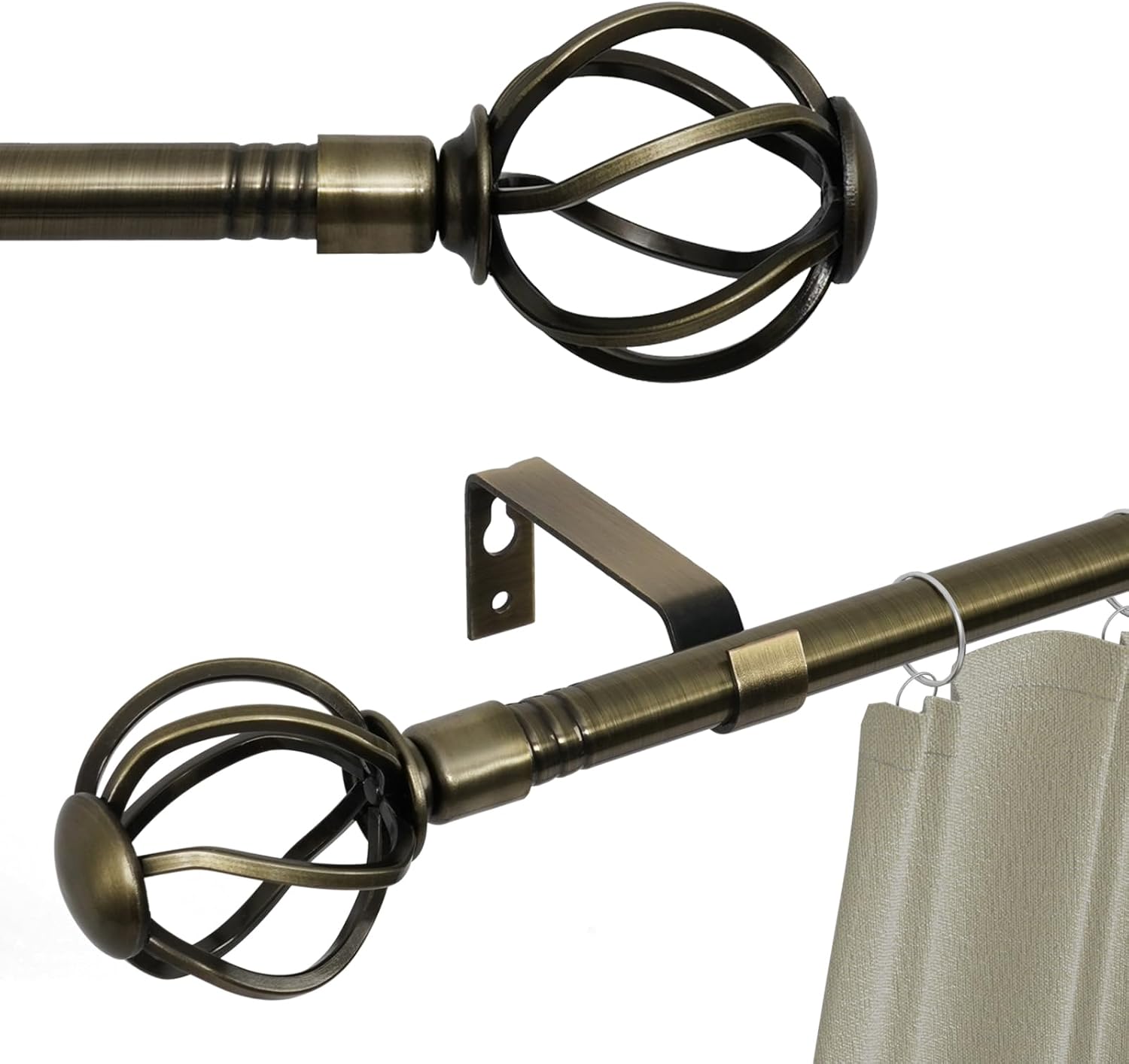 Antique Brass Curtain Rod 48-88 Inch Set with Twisted Finials