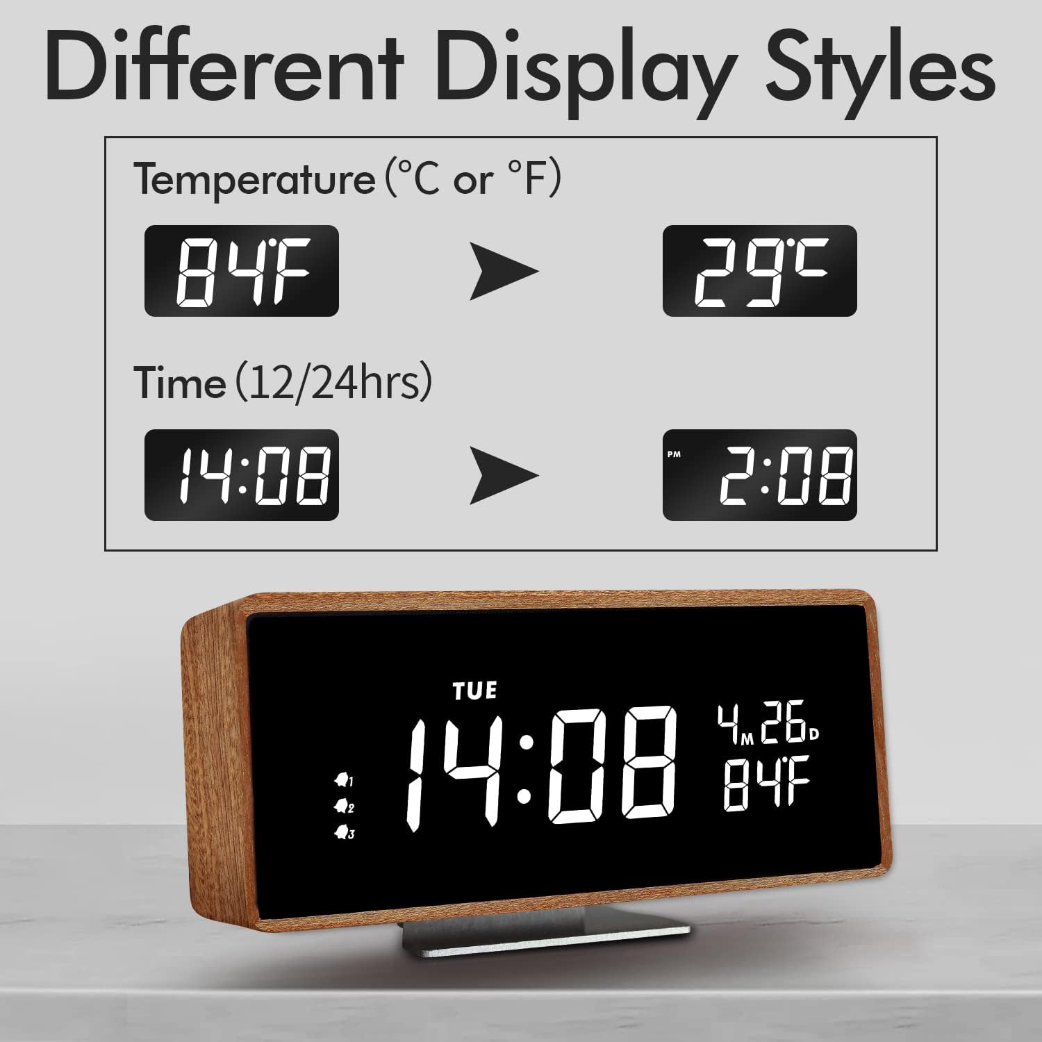 Wooden Digital Alarm Clock with Bluetooth Speaker and Night Light