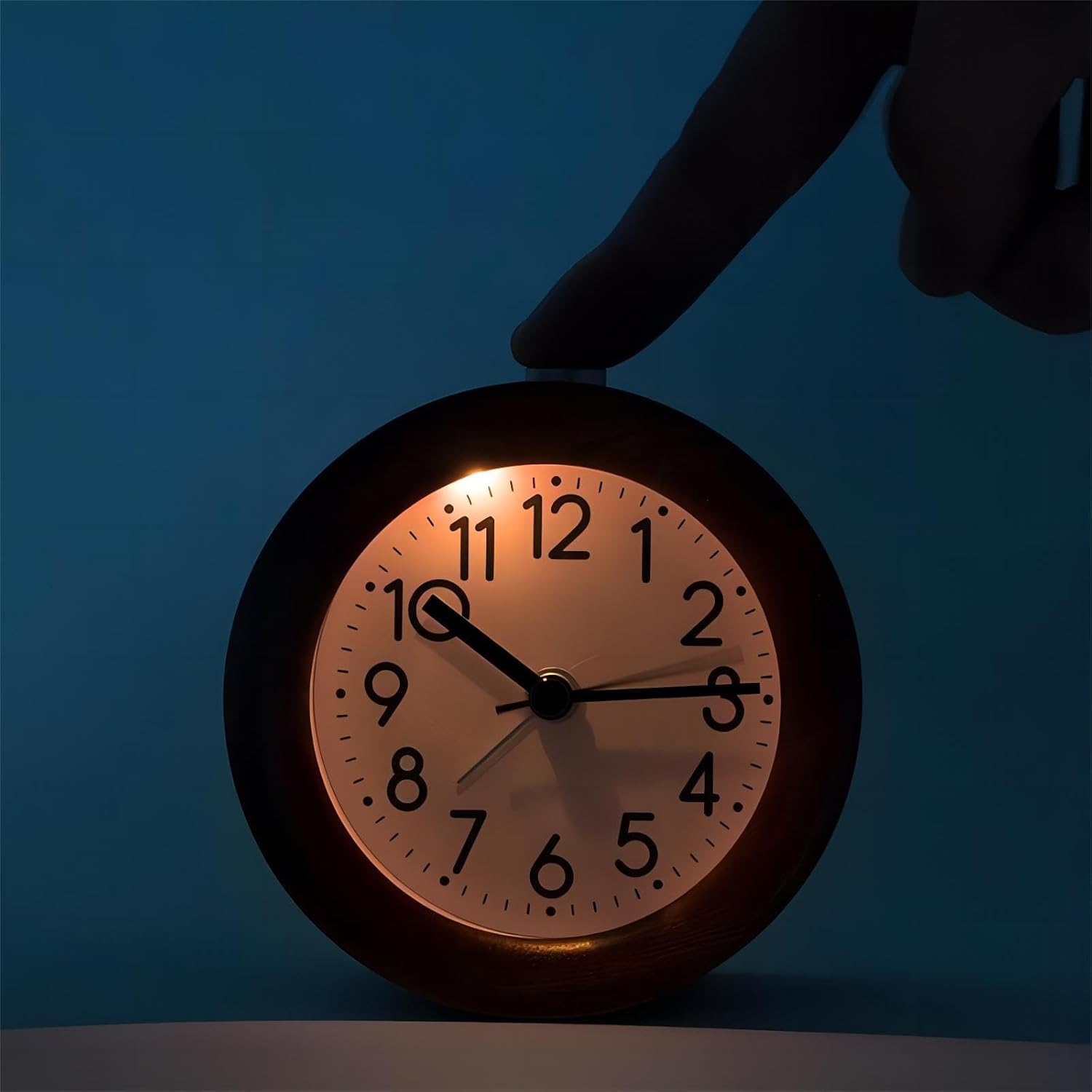 Lancoon Round Wooden Alarm Clock with Silent Quartz Movement and Soft Backlight