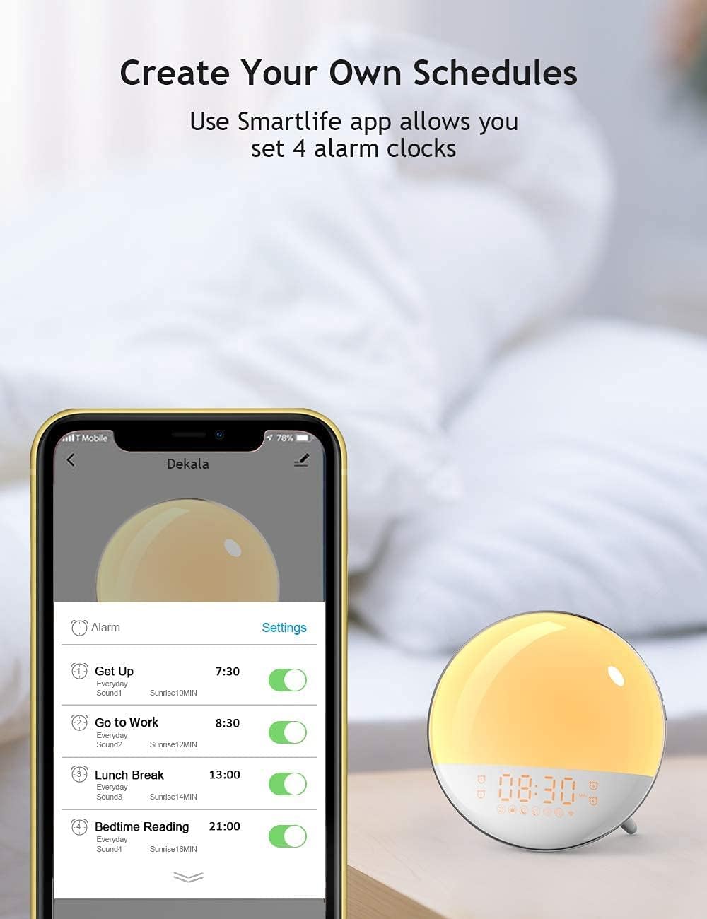 Smart Sunrise Alarm Clock with 4 Alarms and FM Radio