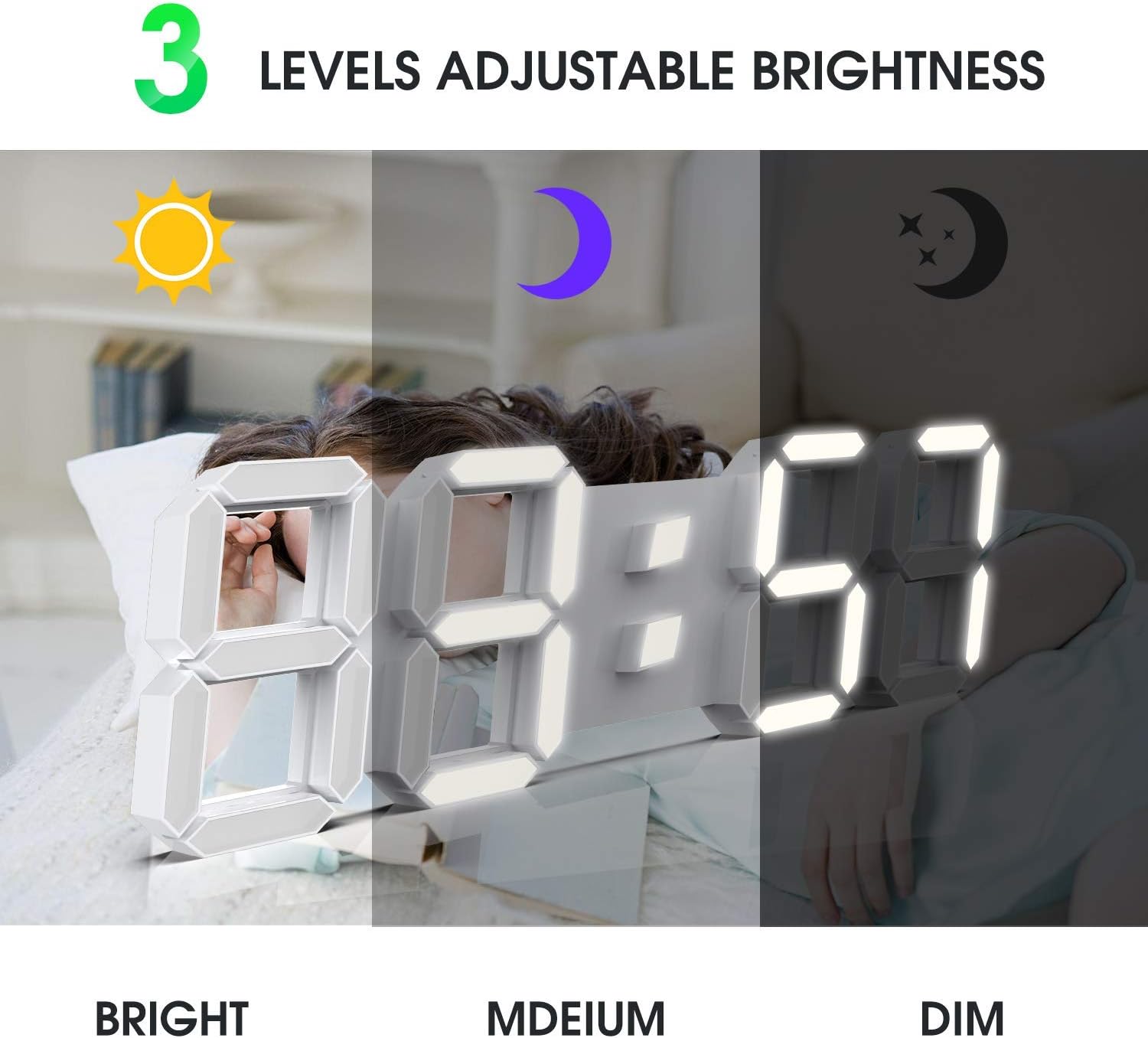 EPSKY 3D White Digital Wall Clock with Alarm and Date Display