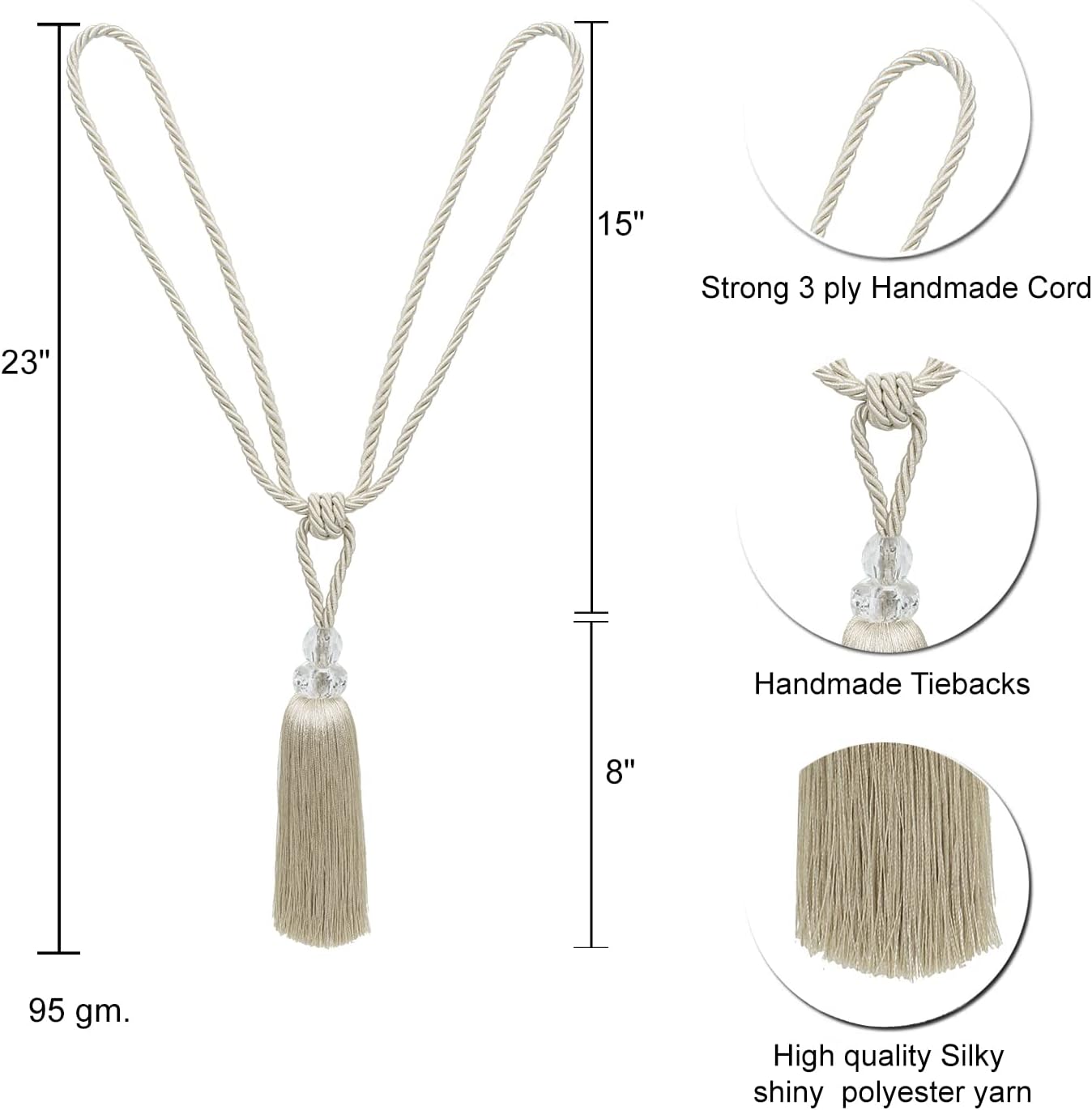 2 Pack Curtain Tiebacks with Crystal Tassels - Beige