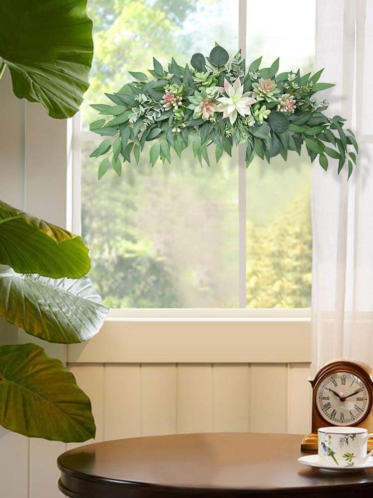 276 Inch Artificial Eucalyptus Swag with Succulents Spring Floral Wreath Green