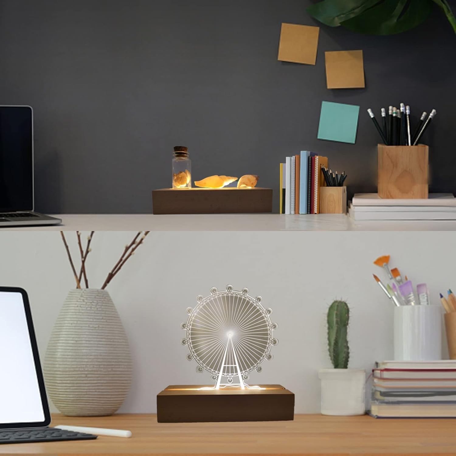 2 Pcs 6 Inch Wooden LED Display Pedestal with USB Switch