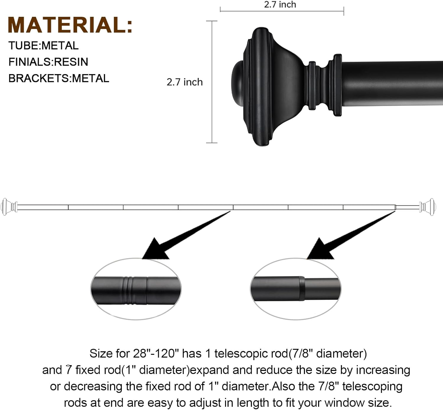 BRIOFOX Heavy Duty Black Curtain Rods 1 Inch Diameter