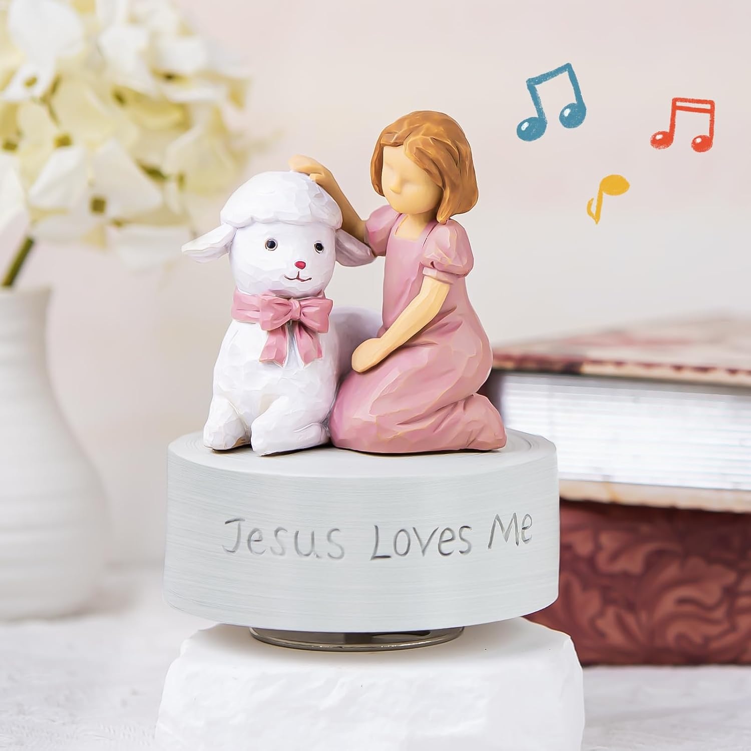 Jesus Loves Me Music Box Christian Girl with Lamb Figurine