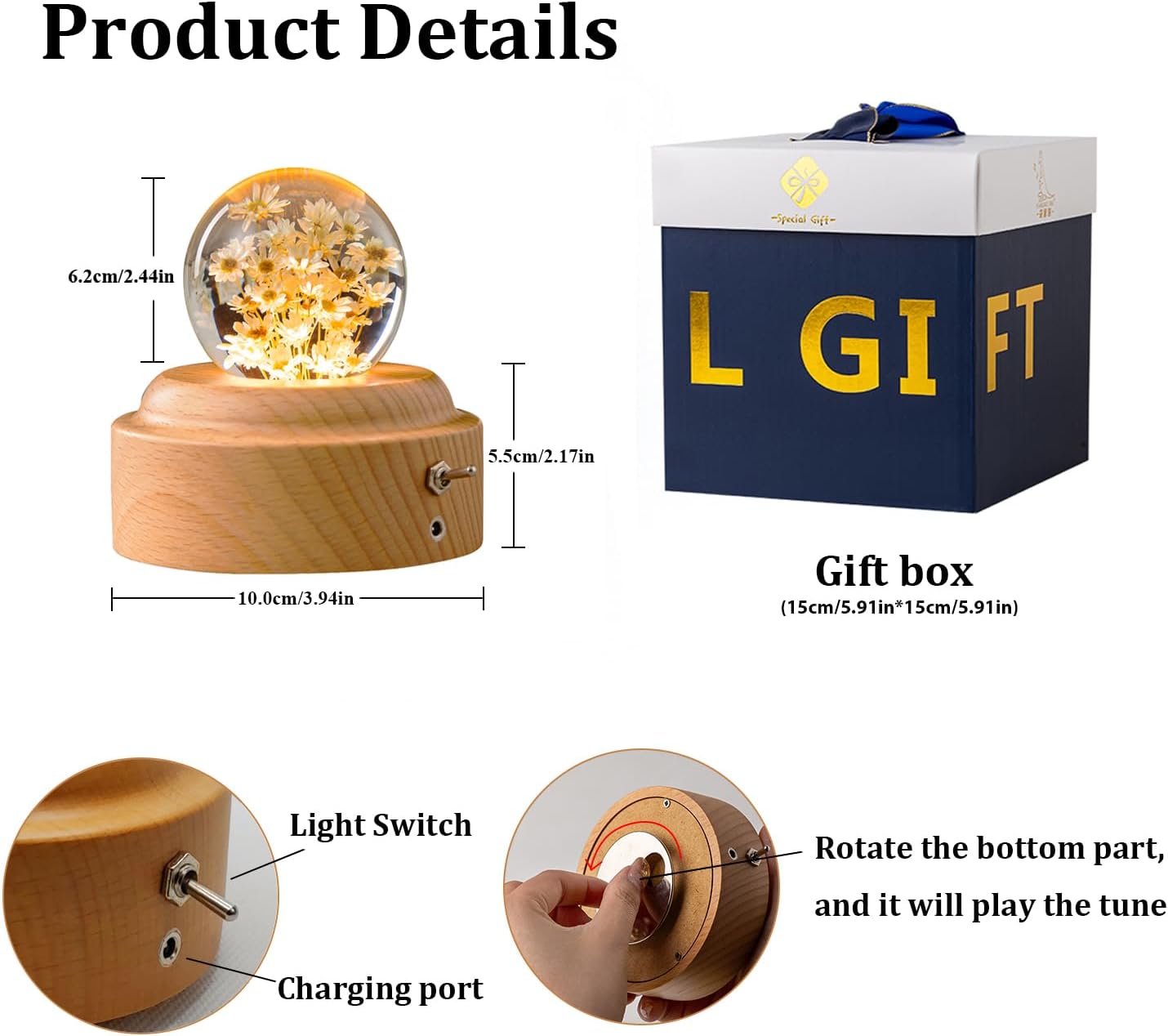 1 Piece 6cm Yellow Glass Little Daisy Ball Night Light Music Box