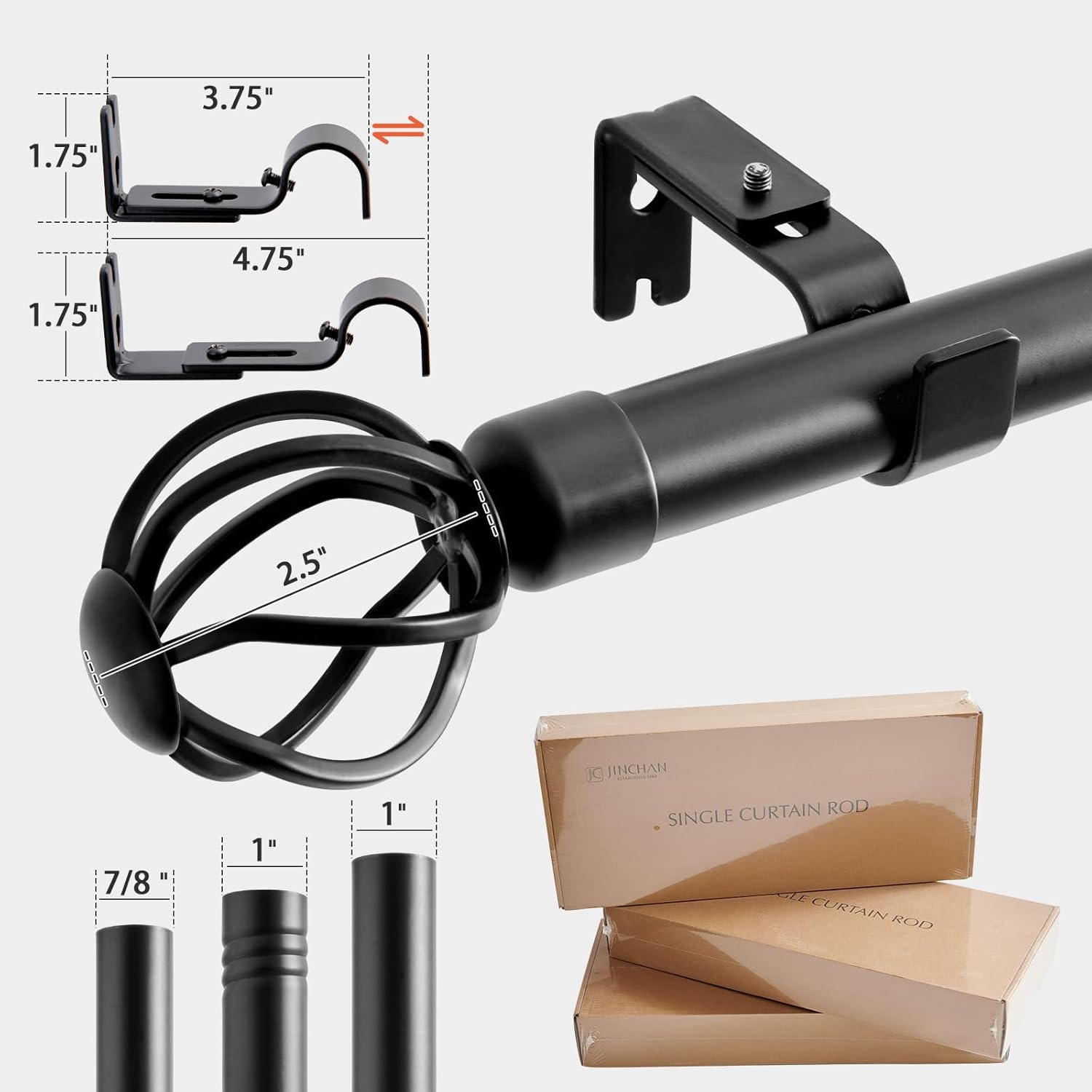 Jinchan Black Curtain Rod for Windows 66-120 Inch Single