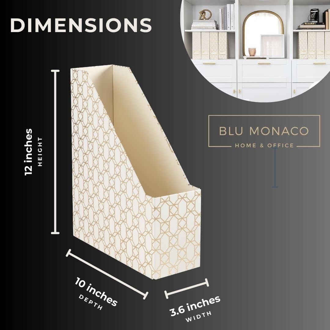 BLU MONACO Foldable Magazine Storage Boxes - Set of 4 Gold Woven Design