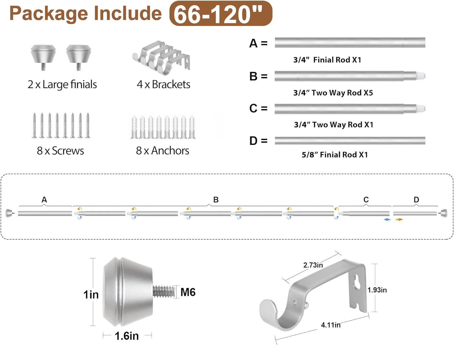 Heavy Duty Curtain Rod 66-120 Inch Silver