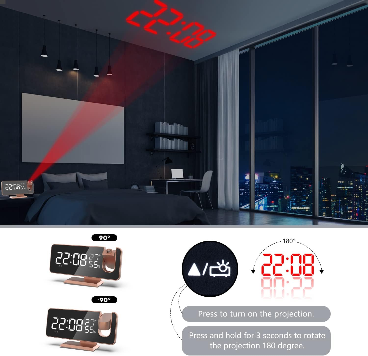 Hanaix 180 Degree Projection Alarm Clock with Mirror and USB Charging