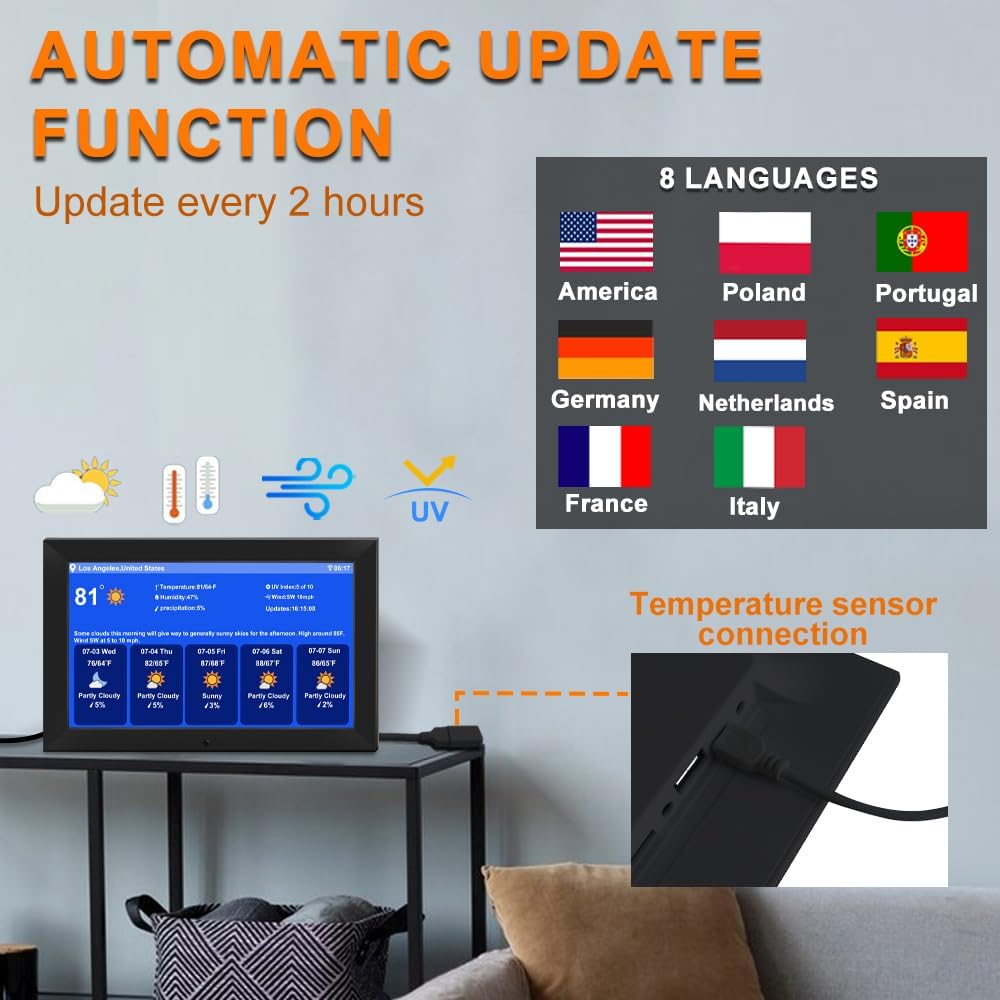 TIMEMOON 101 Inch Digital Calendar Clock with Weather and 8 Alarm Options