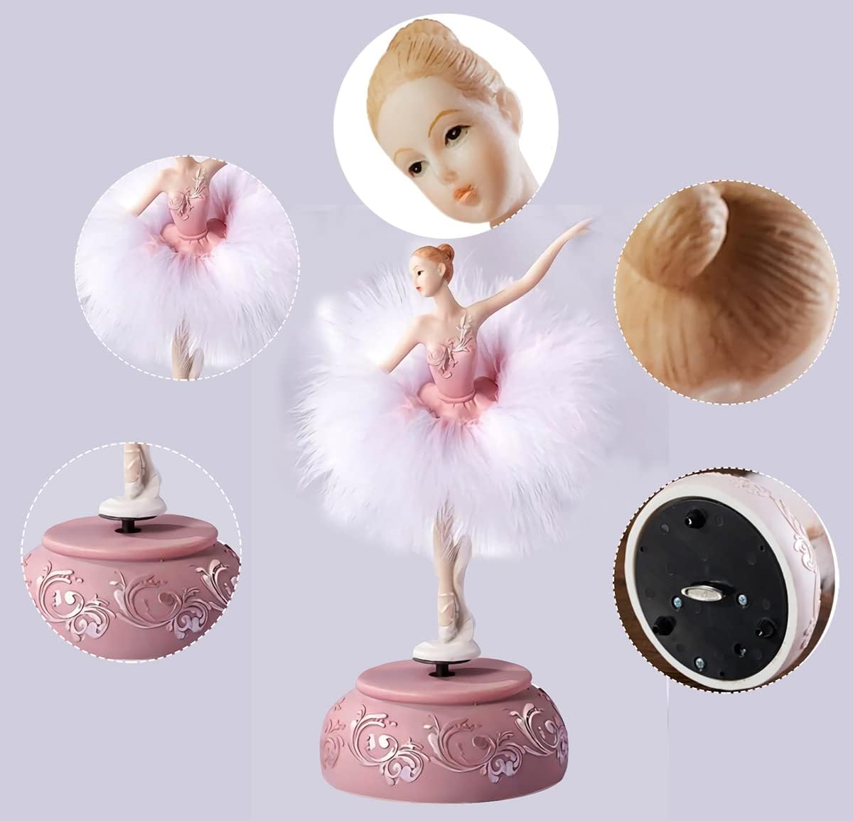 Pink Feather Skirt Ballerina Musical Figurine Plays Swan Lake Tune