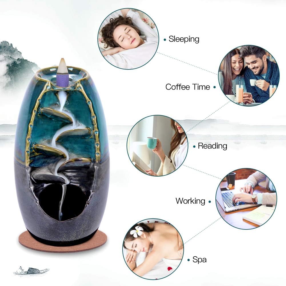 SPACEKEEPER Blue Ceramic Backflow Incense Burner with 120 Cones and 30 Sticks